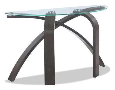 Jorja 46" Modern Glass Top Sofa Table - Brown with Bentwoood Legs|Table de salon moderne Jorja de 46 po avec dessus en verre - brune avec pattes en bois cintré
