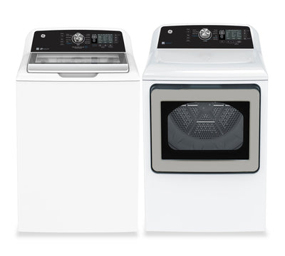 GE 5.3 Cu. Ft. Top Load Washer and 7.4 Cu. Ft. Electric Dryer - White | Laveuse à chargement par le haut de 5,3 pi3 et sécheuse électrique de 7,4 pi3 de GE - blanches