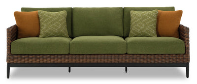 Tofino Outdoor Patio Sofa - Resin Wicker, UV & Weather Resistant - Green/Brown/Black | Sofa Tofino pour la terrasse à l’extérieur - osier en résine, résistant aux rayons UV et aux intempéries - vert, brun et noir