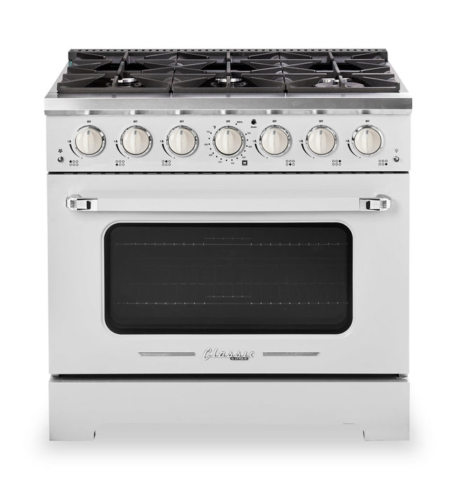 Cuisinière à gaz Classic Rétro par Unique de 36 po et de 5,2 pi3 à 6 brûleurs avec convection - blanc guimauve - UGP-36CR W