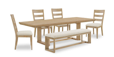 Aspen 6pc Dining Package with 80-104"Extension Table, Bench & 4 Chairs, Fabric - Natural | Ensemble de salle à manger Aspen 6 pièces avec table à rallonge, 80 po à 104 po, banc et 4 chaises en tissu - naturel