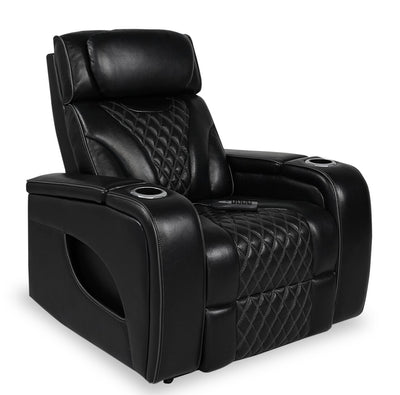 Elite 38" Genuine Leather Massage Power Reclining Chair with Power Headrest and Storage Armrests - Black | Fauteuil de massage à inclinaison électrique Elite de 38 po en cuir véritable avec appuie-tête électrique et accoudoirs de rangement - noir