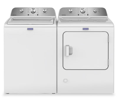 Maytag 4.8 Cu. Ft. Top Load Washer and 7.0 Cu. Ft. Gas Dryer with Wrinkle Prevent Option – White | Laveuse à chargement par le haut 4,8 pi3 et sécheuse à gaz 7,0 pi3 avec option de prévention des plis de Maytag - blanches