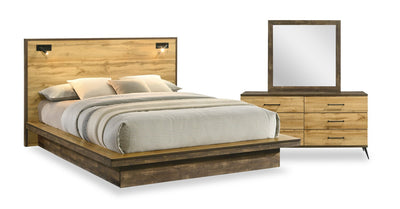 Silas 5pc Bedroom Set with Platform Bed, Dresser & Mirror, LED, Rustic Brown - Queen Size | Ensemble de chambre à coucher Silas 5 pièces brun rustique avec lit plateforme, commode, miroir et éclairage à DEL - format grand lit