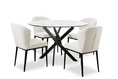 Zoe 5pc Dining Set with Table & 4 Chairs, Glass Top, Metal Geometric Base, 47"W Round - Black & Ivory | Ensemble de salle à manger Zoe 5 pièces avec table ronde de 47 po (L), dessus en verre, base géométrique en métal et 4 chaises - noir et ivoire