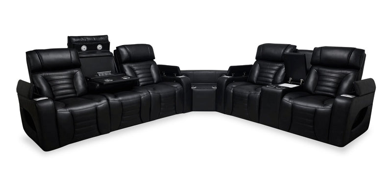 Sofa sectionnel à inclinaison électrique Zen 3 pièces en tissu d’apparence cuir avec massage, console rabattable et compartiment réfrigéré - noir