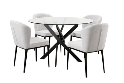 Zoe 5pc Dining Set with Table & 4 Chairs, Glass Top, Metal Geometric Base, 47"W Round - Black & Grey | Ensemble de salle à manger Zoe 5 pièces avec table ronde de 47 po (L), dessus en verre, base géométrique en métal et 4 chaises - noir et gris