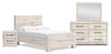 Ensemble de chambre à coucher Derekson 6 pièces blanc rustique avec lit à panneaux, commode, miroir et table de nuit - format lit double