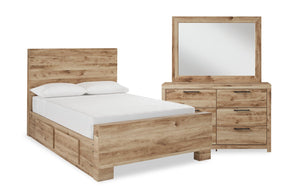 Ensemble de chambre à coucher Derekson 5 pièces naturel avec lit de rangement latéral, commode et miroir - format grand lit