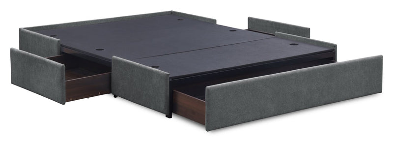 Lit de rangement Amos rembourré en tissu anthracite avec tête de lit capitonnée et 3 tiroirs intégrés - format lit double