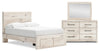 Ensemble de chambre à coucher Derekson 5 pièces blanc rustique avec lit de rangement, commode et miroir - format lit double