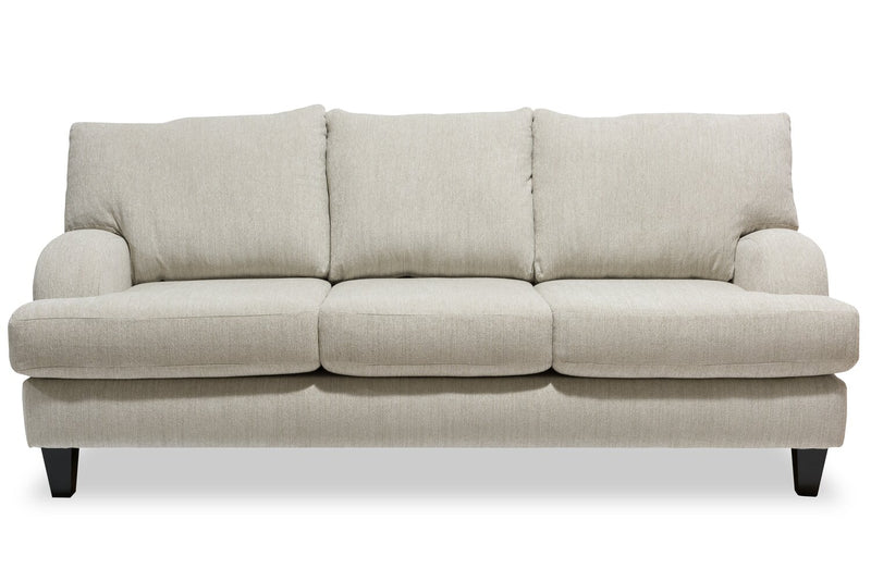Sofa Nofia de 80 po fabriqué au Canada en tissu de chenille avec 2 coussins décoratifs et pattes en bois - beige lin