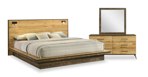 Ensemble de chambre à coucher Silas 5 pièces brun rustique avec lit plateforme, commode, miroir et éclairage à DEL - format très grand lit