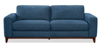Sofa River de 87 po en tissu d’apparence lin avec base et pattes en bois - bleu