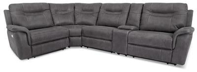 Floy 5-Piece Faux Suede Power Reclining Sectional with Power Headrests, Storage Console and USB Port - Grey | Sofa sectionnel à inclinaison électrique Floy 5 pièces en suédine avec appuie-têtes électriques, console de rangement et port USB - gris