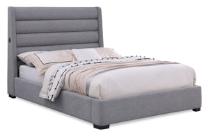 Base de lit plateforme rembourrée Jade en tissu gris avec ports USB - format très grand lit