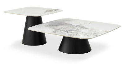 Hazel 39.5” Modern 2-Pack White Sintered Stone Top Coffee + End Table - Black and White | Ensemble table à café de 39,5 po et table de bout modernes Hazel avec dessus en pierre frittée blanche - noir et blanc