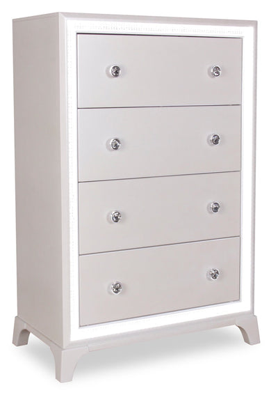 Halo Bedroom Chest of Drawers with LED Light, 4-Drawer, 32"W x 48"H, Glam - White | Commode verticale somptueuse Halo de 32 po (l) x 48 po (H) à 4 tiroirs avec éclairage à DEL pour la chambre à coucher - blanche