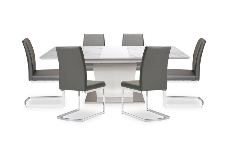 Ensemble de salle à manger Naya 7 pièces avec table à rallonge, 63 po à 78,75 po (L), et 6 chaises - imitation de marbre blanc et gris