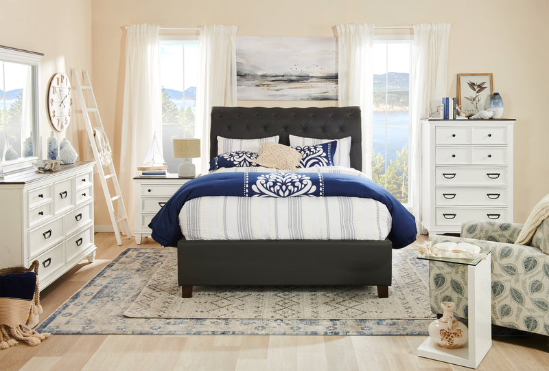 Lit plateforme rembourré Tulsa en tissu de cuir végétalien gris avec capitonnage à boutons - format lit double