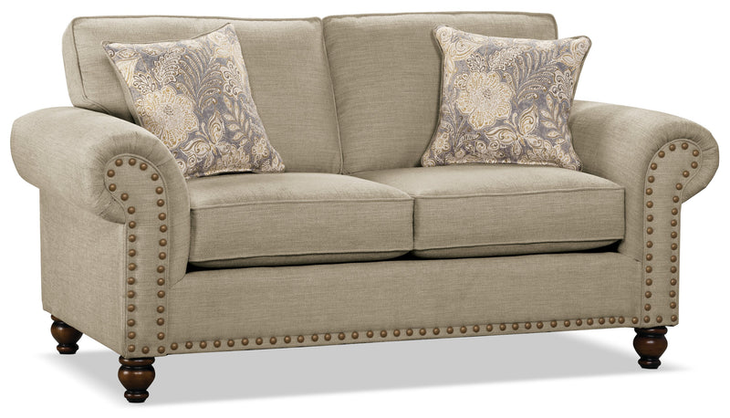 Causeuse Wynn de 70 po fabriquée au Canada en tissu de chenille avec bordure de clous décoratifs et pattes en oignon en bois - taupe