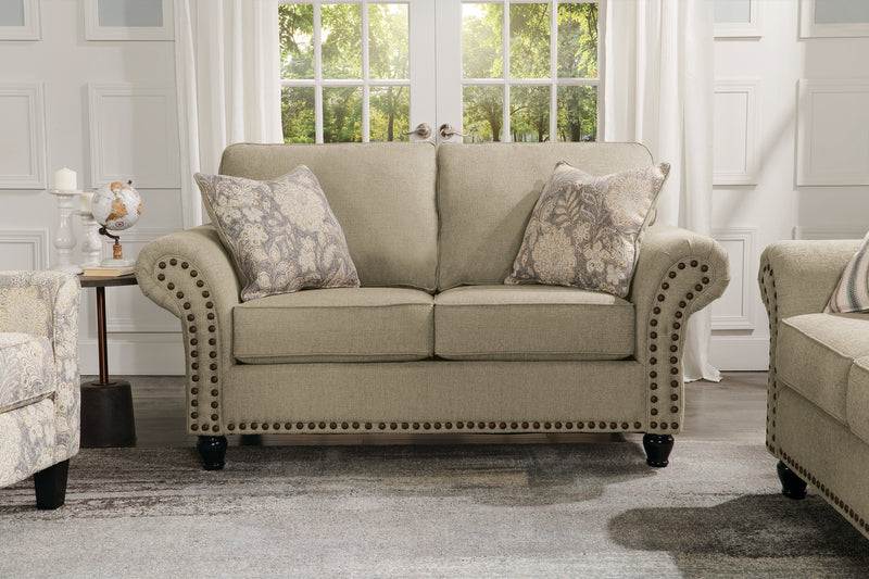 Causeuse Wynn de 70 po fabriquée au Canada en tissu de chenille avec bordure de clous décoratifs et pattes en oignon en bois - taupe