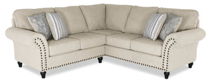 Sofa sectionnel Wynn 2 pièces fabriqué au Canada en tissu de chenille avec bordure de clous décoratifs et pattes en oignon en bois - beige lin