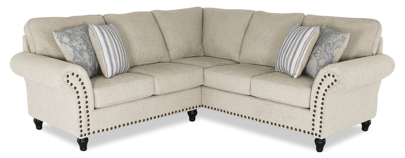Sofa sectionnel Wynn 2 pièces fabriqué au Canada en tissu de chenille avec bordure de clous décoratifs et pattes en oignon en bois - beige lin