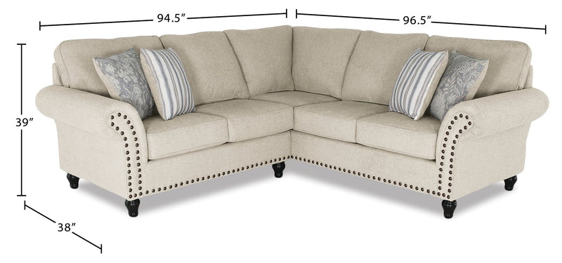 Sofa sectionnel Wynn 2 pièces fabriqué au Canada en tissu de chenille avec bordure de clous décoratifs et pattes en oignon en bois - beige lin