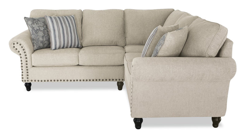 Sofa sectionnel Wynn 2 pièces fabriqué au Canada en tissu de chenille avec bordure de clous décoratifs et pattes en oignon en bois - beige lin
