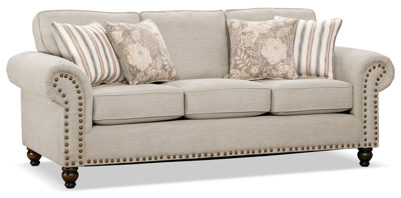 Sofa Wynn de 93 po fabriqué au Canada en tissu de chenille avec bordure de clous décoratifs et pattes en oignon en bois - beige lin