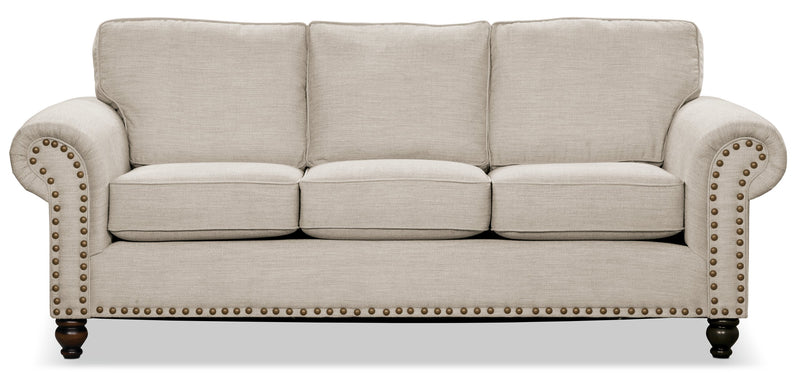 Sofa Wynn de 93 po fabriqué au Canada en tissu de chenille avec bordure de clous décoratifs et pattes en oignon en bois - beige lin