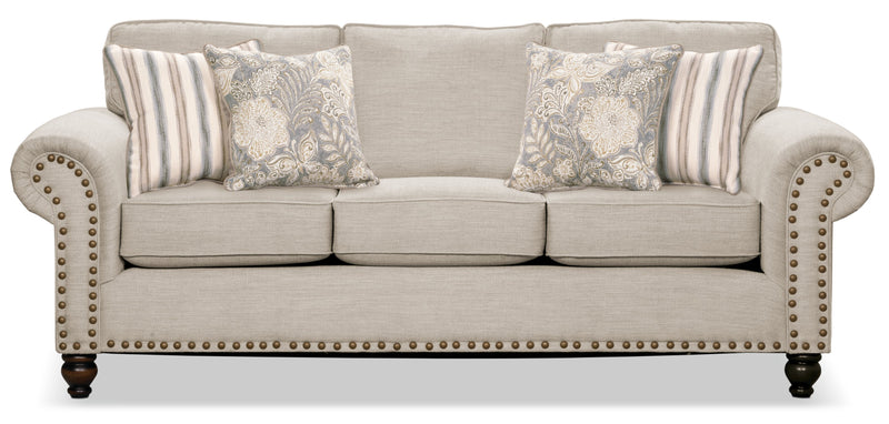 Sofa Wynn de 93 po fabriqué au Canada en tissu de chenille avec bordure de clous décoratifs et pattes en oignon en bois - beige lin