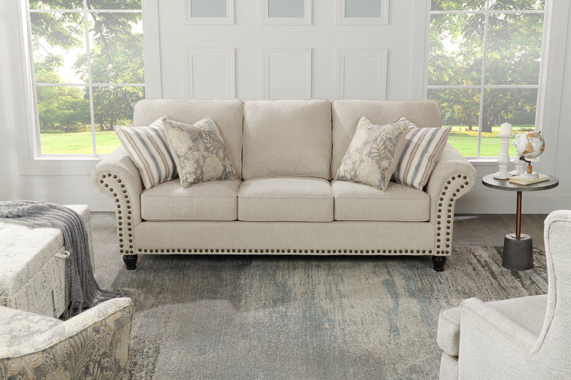 Sofa Wynn de 93 po fabriqué au Canada en tissu de chenille avec bordure de clous décoratifs et pattes en oignon en bois - beige lin