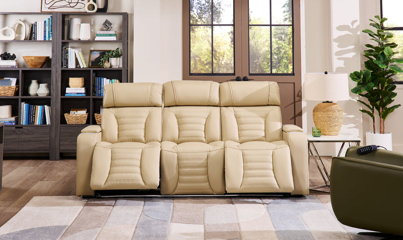 Sofa de massage à inclinaison électrique Zen de 86 po en tissu d’apparence cuir avec appuie-têtes électriques et console rabattable - abricot