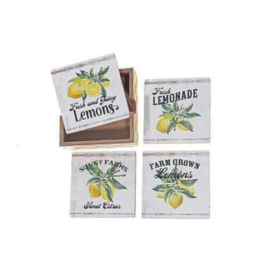 Set of 4 Wooden Coaster with Holder Lemon|Ensemble de 4 sous-verre en bois orné d’images de citrons avec boîtier