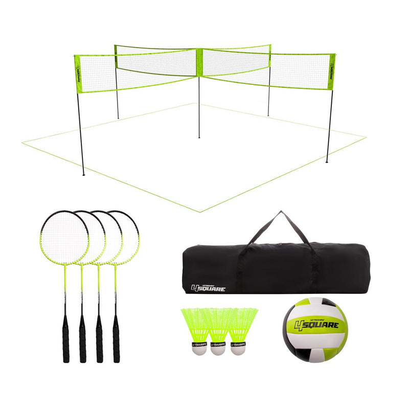 Kit Complet Volley Et Badminton De Jardin – Filet Réglable, 4 Raquettes, Ballon, Volants, Lignes, Sac De Transport