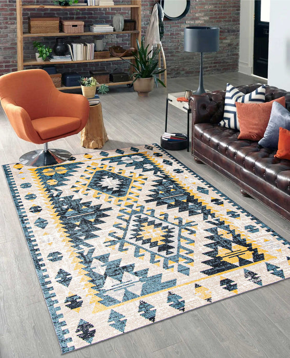 Carpette Mosaic taupe et bleue lavable à la machine - 8 pi 0 po x 10 pi 0 po