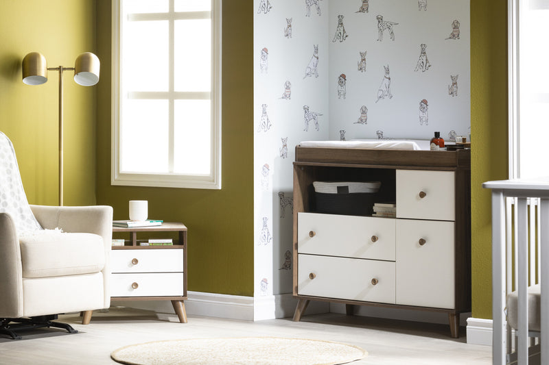 Yodi Table à langer avec tiroirs Large - Noyer naturel et Blanc