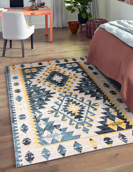 Carpette Mosaic taupe et bleue lavable à la machine - 8 pi 0 po x 10 pi 0 po