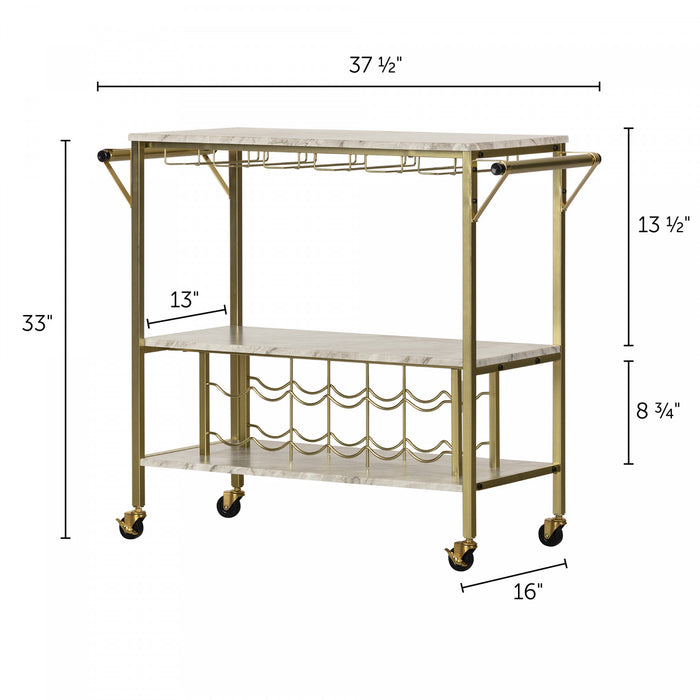 Chariot bar Maliza avec rangement pour bouteilles de vin et support pour verres à vin - imitation marbre Carrare et doré