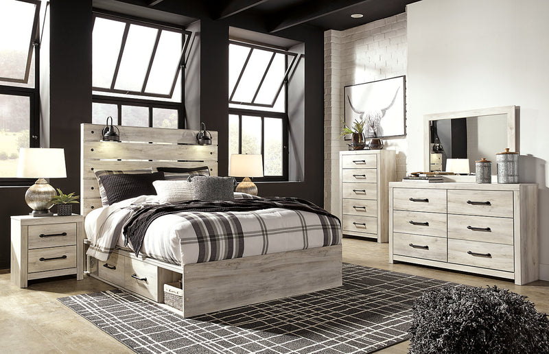 Ensemble de chambre à coucher Abby 5 pièces avec lit de rangement latéral, commode, miroir, éclairage à DEL et port USB, blanc - format grand lit