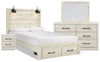 Ensemble de chambre à coucher Abby 6 pièces avec lit de rangement, commode, miroir, table de nuit, éclairage à DEL et port USB, blanc - format très grand lit