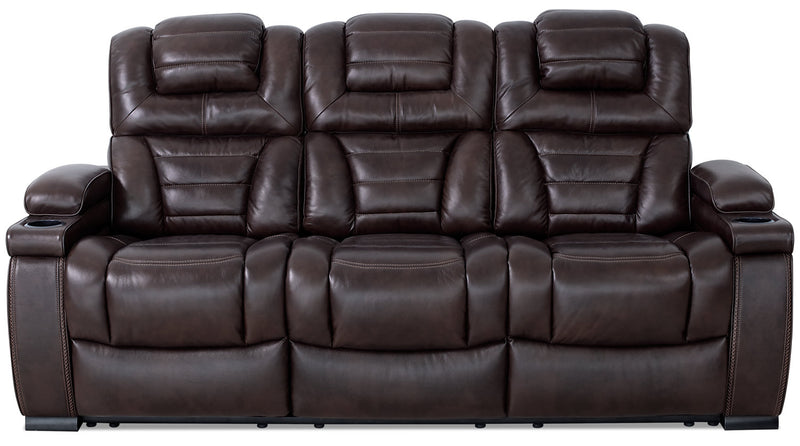 Sofa à inclinaison électrique Hugo de 84 po en cuir véritable avec appuie-têtes électriques, 2 porte-gobelets et ports USB - brun