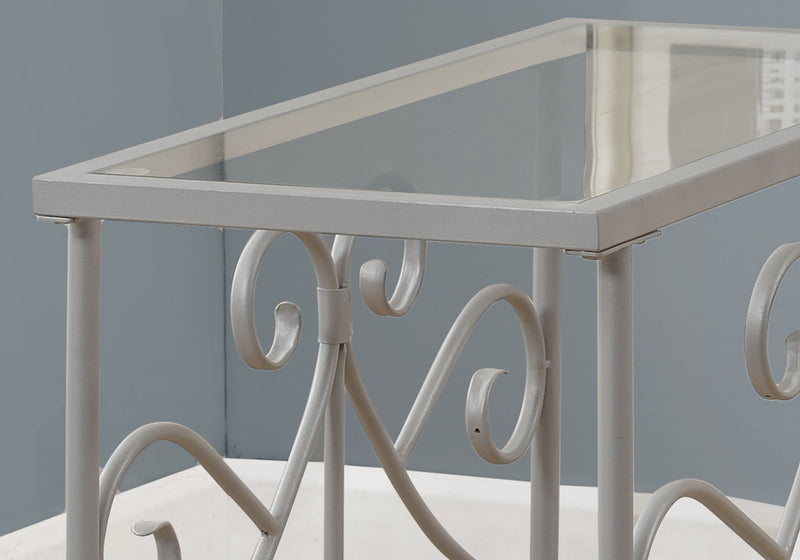 Table d’appoint en métal argenté avec verre trempé