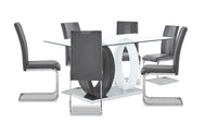 Ensemble de salle à manger Jaye 7 pièces avec table de 63 po (L), dessus en verre, base piédestal et 6 chaises - gris et blanc