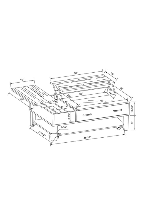 Table à café moderne Landon de 48 po avec dessus relevable, rangement, tablette et roulettes - brun foncé