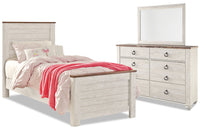 Ensemble de chambre à coucher Willowton 5 pièces pour enfants avec lit, commode et miroir, blanchi - format lit simple