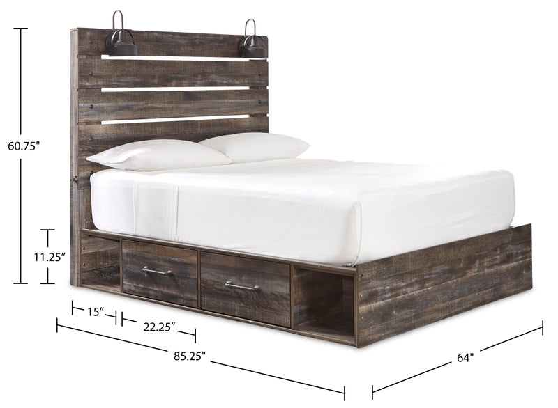 Lit plateforme de rangement latéral Abby avec éclairage à DEL et ports USB, brun - format grand lit