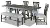 Ensemble de salle à manger Alto 6 pièces avec table, banc, rallonge de 65 po à 83 po (L), base à tréteaux et 4 chaises - gris